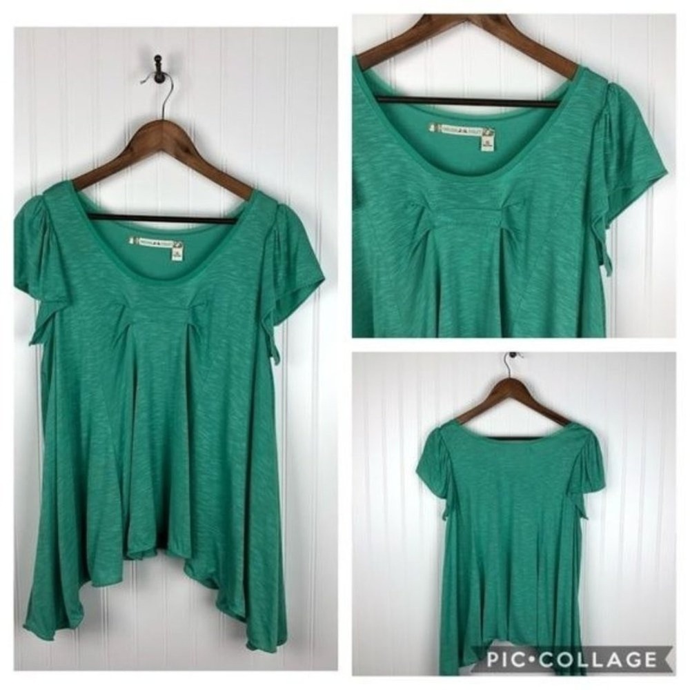 Chelsea Violet Green Pleated Tunic‎ Top Short Sleeve Asymmetrical Hem Size S